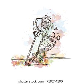 Watercolor sketch of Ice hockey player in vector illustration.
