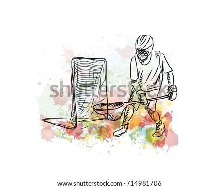 Watercolor sketch of Ice Hockey player with net in vector illustration.
