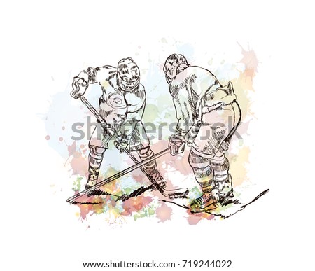 Watercolor sketch of Ice hockey player in vector illustration.