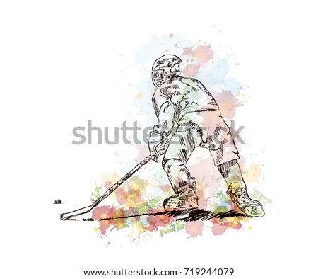 Watercolor sketch of Ice hockey player in vector illustration.