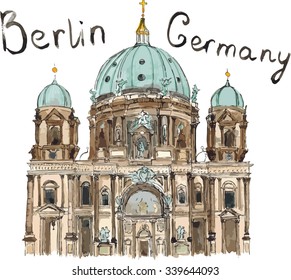 Watercolor Sketch illustration architecture landmark of Berliner Dom Germany Berlin lettering vector