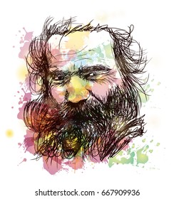 Watercolor with sketch of Indian Sadhu in vector.