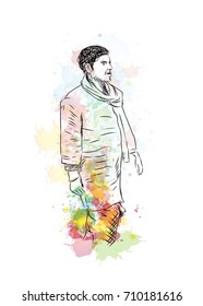 watercolor sketch of Indian walking man in vector illustration.