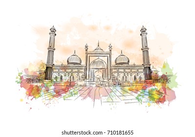 watercolor sketch of Jama masjid New Delhi, India in vector illustration.