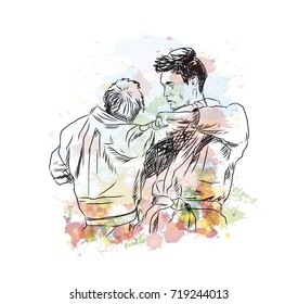 Watercolor sketch of Judo fight in vector illustration.