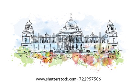 Watercolor sketch of Kolkata Victoria Memorial, India in vector illustration.