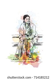Watercolor sketch of Lady with Dog in vector illustration.