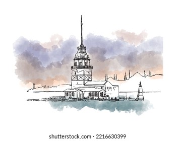 Watercolor sketch of The Maiden's Tower Kiz Kulesi , Leander's Tower Tower of Leandros, Istanbul, Turkey. A tower on a small islet at the southern entrance of the Bosphorus. Hand drawn vector