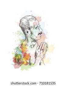 watercolor sketch of Man Praying in vector illustration.