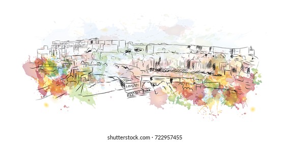 Watercolor sketch of Mehrangarh Fort Jodhpur, Rajasthan in vector illustration.