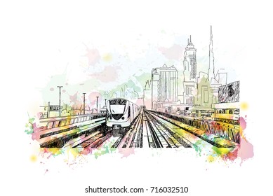 Watercolor sketch of Metro rail, Dubai, UAE in vector illustration.