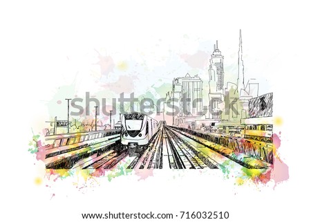 Watercolor sketch of Metro rail, Dubai, UAE in vector illustration.