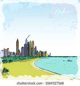 Watercolor sketch of monorail ride view from window at The Palm Jumeirah skyscrapers at Dubai Marina. Media City and beach coast with luxury yachts and sand beaches at United Arab Emirates. Vector.