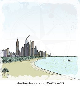 Watercolor sketch of monorail ride view from window at The Palm Jumeirah skyscrapers at Dubai Marina. Media City and beach coast with luxury yachts and sand beaches at United Arab Emirates. Vector.