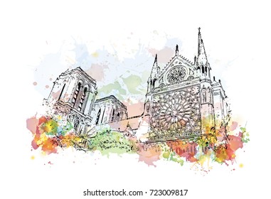 Watercolor sketch of Notre-Dame de Paris France in vector illustration.