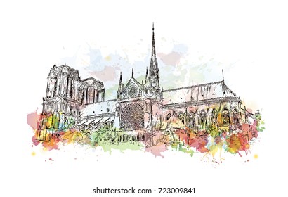 Watercolor sketch of Notre-Dame de Paris France in vector illustration.