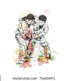 Watercolor sketch of Playing Judo Karate in vector illustration.