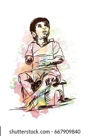 Watercolor with sketch of poor child in vector.