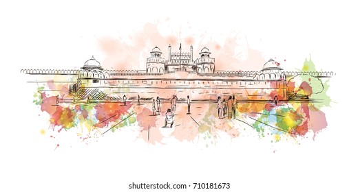 watercolor sketch of Red fort New Delhi India in vector illustration.