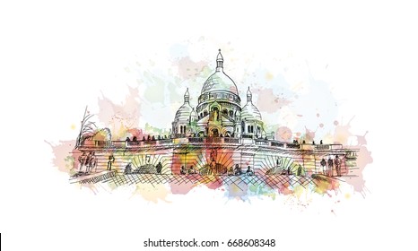 Watercolor sketch of Sacre-Coeur Paris France in vector.