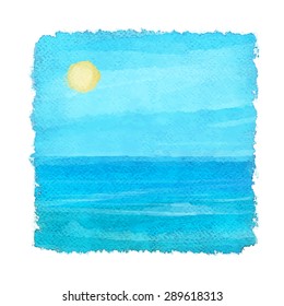 Watercolor sketch sea, sun isolated on white background. Space for text, frame, picture