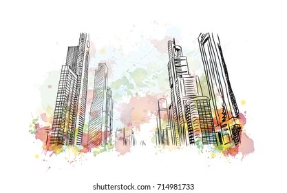 Watercolor sketch of Sheikh Zayed Rod Buildings Dubai in vector illustration.