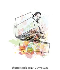 Watercolor sketch of Shopping Lady with box in vector illustration.