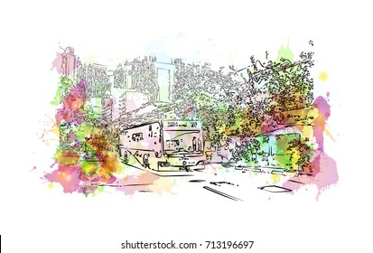 Watercolor sketch of Singapore street in vector illustration.