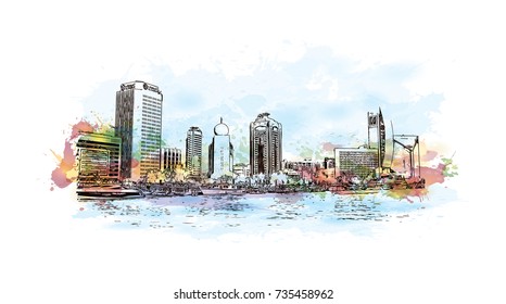 Watercolor sketch with splash of Abra Lake Dubai UAE in vector illustration.