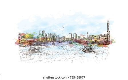 Watercolor sketch with splash of Abra Lake Dubai UAE in vector illustration.