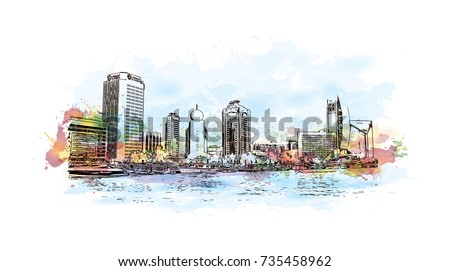 Watercolor sketch with splash of Abra Lake Dubai UAE in vector illustration.