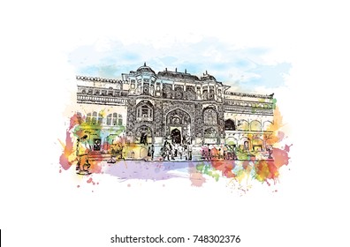 Watercolor sketch with splash of Amer (Amber) Fort, Jaipur, India. Vector illustration.