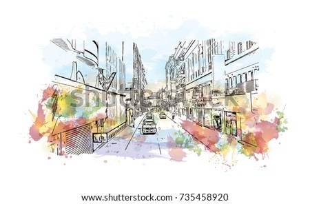 Watercolor sketch with splash of Bazaar Dubai UAE in vector illustration.