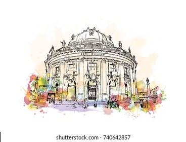 Watercolor sketch with splash of Berlin, Germany Museum Island in vector illustration.