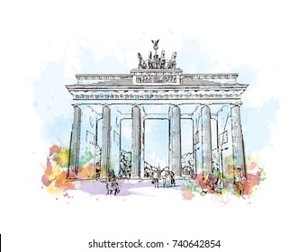 Watercolor sketch with splash of Brandenburg Gate Berlin, Germany in vector illustration.