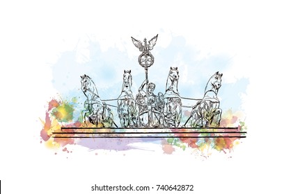 Watercolor sketch with splash of Brandenburg Gate horse statue Berlin, Germany in vector illustration.