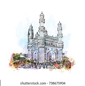 Watercolor sketch with splash of Charminar Hyderabad Telangana India in vector illustration.