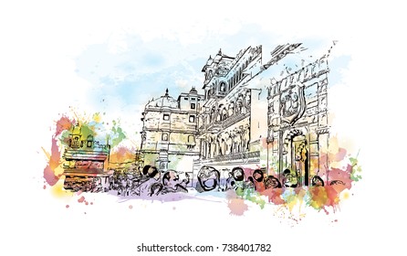 Watercolor sketch with splash of City Palace, Udaipur, India in vector illustration.