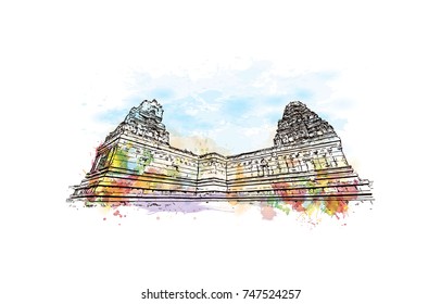 Watercolor sketch with splash of Hazara Rama Temple in Hampi Karnataka, India in vector illustration.