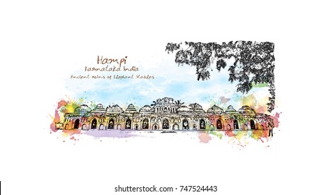 Watercolor sketch with splash of Indo-Islamic style structure used as the stables for the royal elephants of the Vijayanagara Empire Hampi, Karnataka, India in vector illustration.