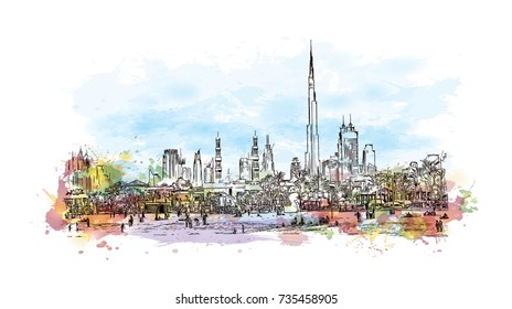 Watercolor sketch with splash of Jumeirah Beach with burj skyline Dubai UAE in vector illustration.