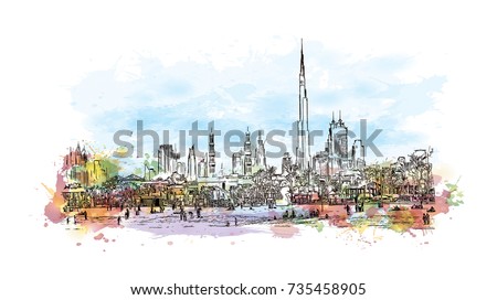 Watercolor sketch with splash of Jumeirah Beach with burj skyline Dubai UAE in vector illustration.