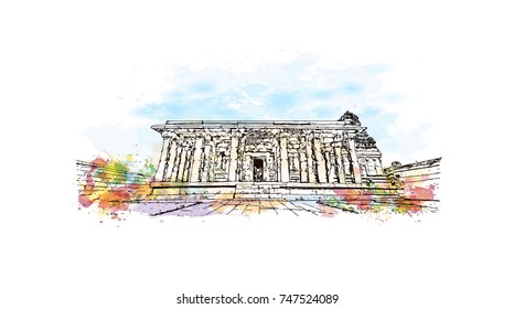 Watercolor sketch with splash of kadalekalu ganesha temple Hampi, Karnataka, India in vector illustration.