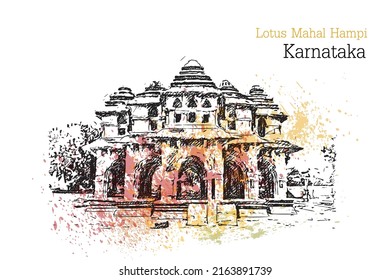 Watercolor sketch with splash of Lotus Mahal Hampi Hampi, Karnataka, India in vector illustration. Ancient stone palace
