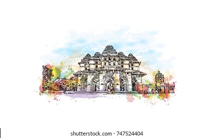 Watercolor sketch with splash of Lotus Mahal Hampi Hampi, Karnataka, India in vector illustration. Ancient stone palace structure with tranquil gardens, arches & elaborate carvings.