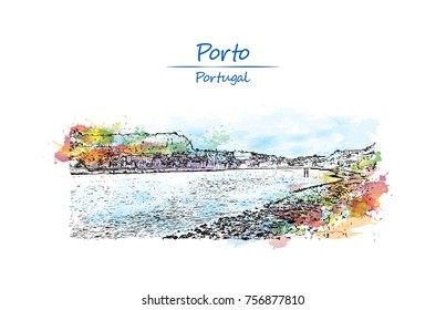 Watercolor sketch with splash of Matosinhos Porto, Portugal in vector illustration.