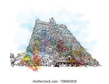 Watercolor sketch with splash of Meenakshi Amman Temple Madurai, Tamil Nadu, India in vector illustration.