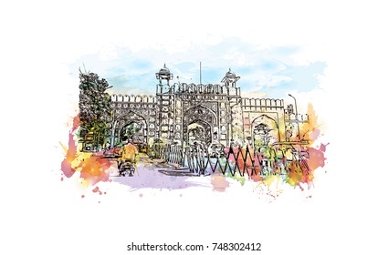 Watercolor sketch with splash of Pink City, Jaipur, India. Vector illustration.