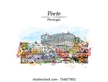 Watercolor sketch with splash of Porto, Portugal old town skyline in vector illustration.