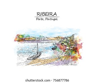 Watercolor sketch with splash of Ribeira Porto, Portugal in vector illustration.